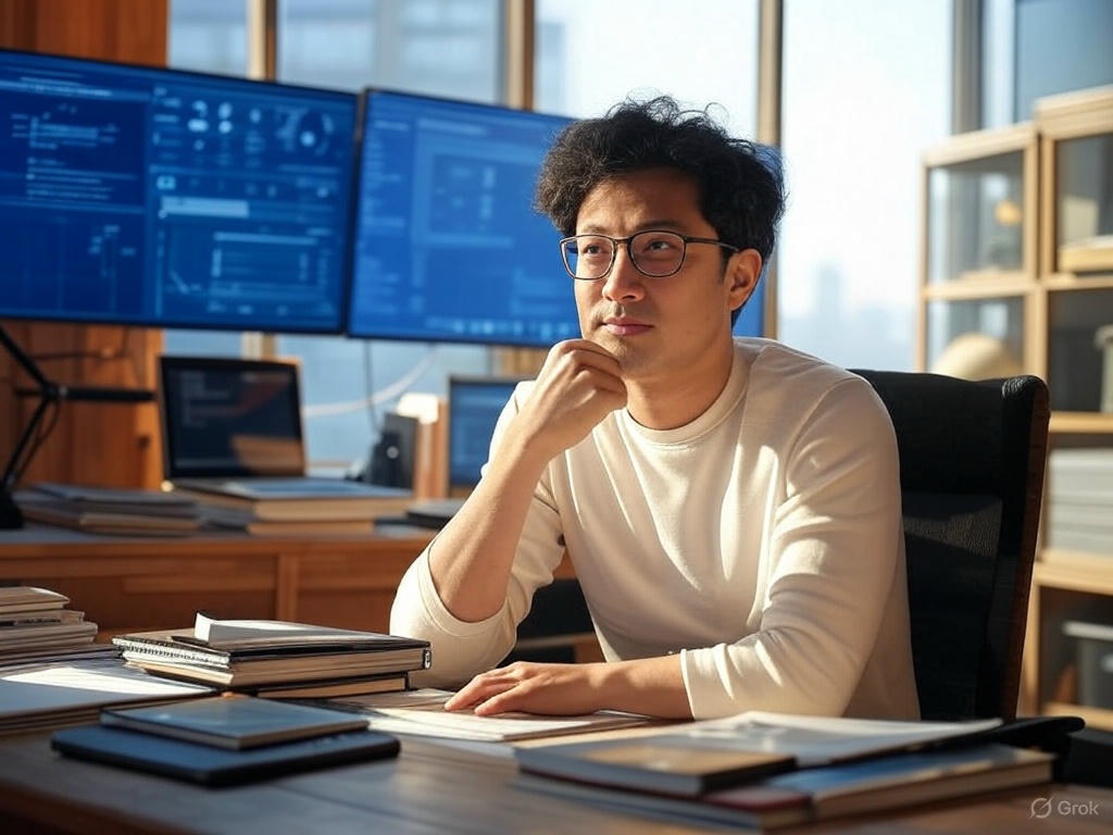 A diverse individual sits in a modern office, surrounded by stacks of books, a laptop, and digital screens displaying data and graphs, with a glowing light bulb above their head symbolizing ideas and innovation, in a naturally lit tech-office setting.