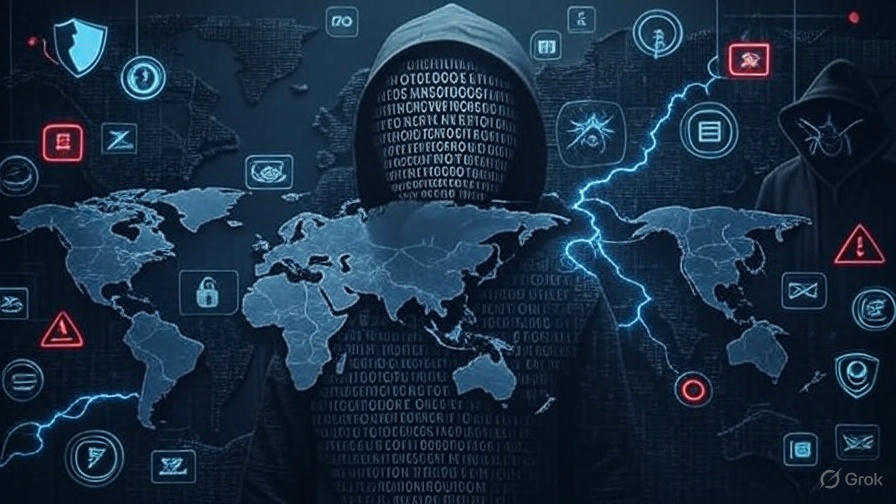 A landscape digital illustration of a world map with a hacker silhouette, binary code, and cybersecurity icons, highlighting cyber attacks in navy, blue, and red tones.