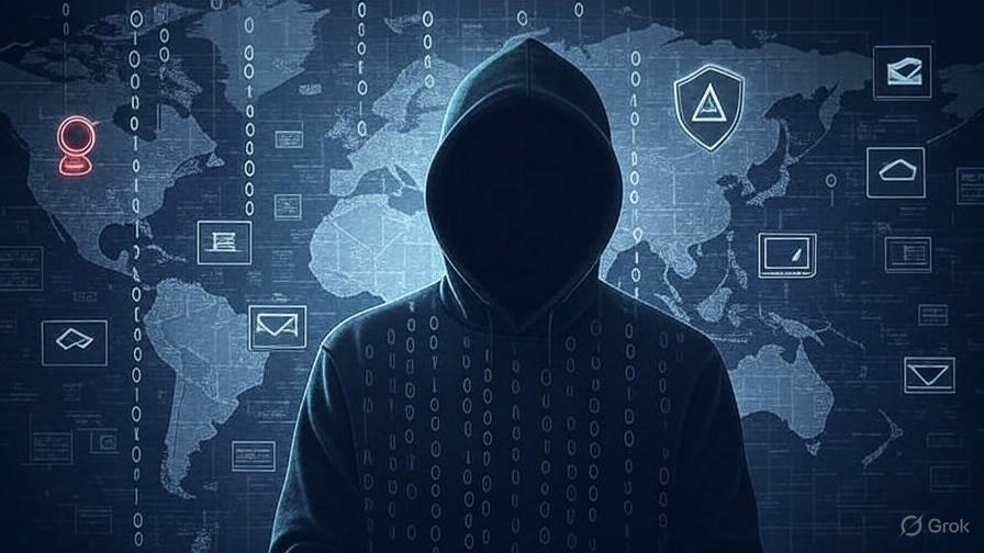 A world map with a hooded hacker silhouette against binary code, featuring cybersecurity threats icons like a shield, lock, and warning triangle, with email and database icons targeted, in a dark navy theme with electric blue and red accents.