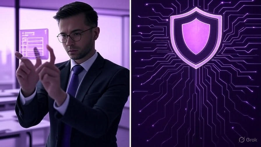 left side with a business executive or boardroom setting and digital overlays like charts and security icons, right side with a cyber network interface showing a shield, lock, and AI chip