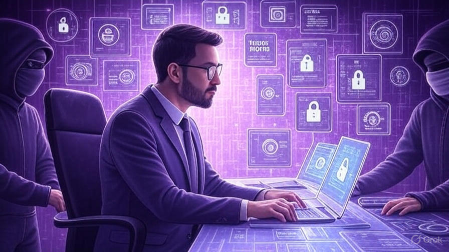 professional at a futuristic control desk with holographic screens displaying lock icons, threat alerts, AI face recognition, and firewall status