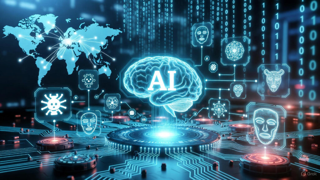 How Artificial Intelligence Innovation Is Changing Global Cyber Threats? 2 Futuristic AI-powered digital brain surrounded by holographic cyber threat icons, global network map, and glowing security elements representing the rise of Artificial Intelligence Innovation driven cyber attacks.