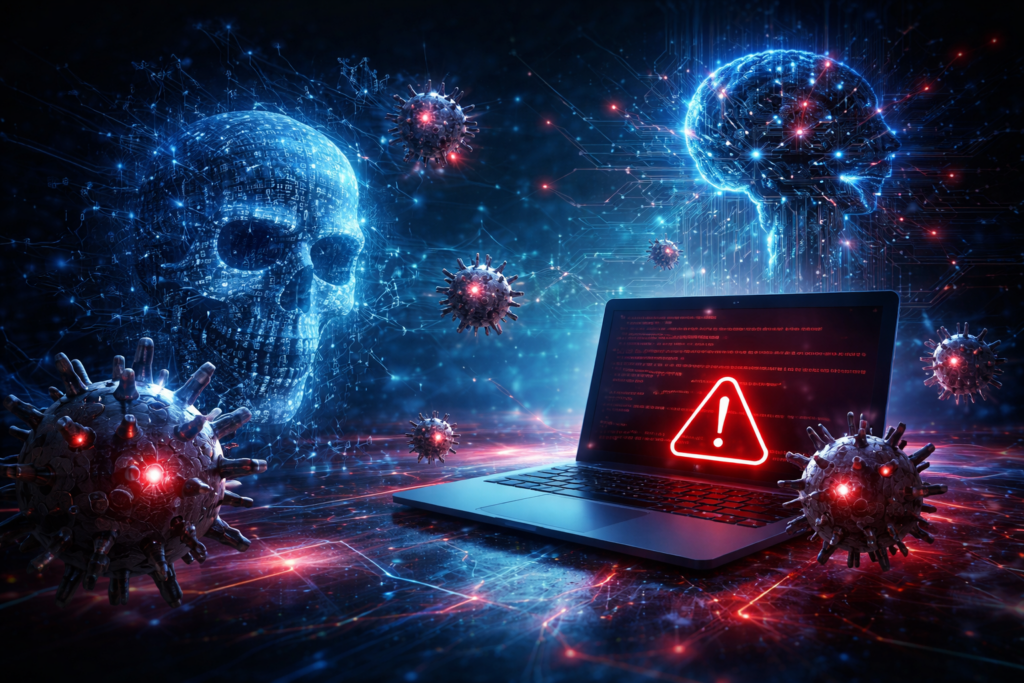 Malware threat spreading across a digital network with infected systems and AI-driven cyber attack elements
