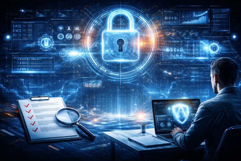 Cybersecurity assessment with digital lock, data screens, and analyst working on secure system