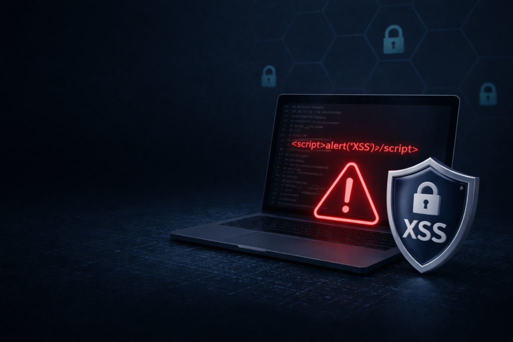 Cross-site scripting (XSS) attack concept showing malicious code on a laptop with cybersecurity shield and warning symbol in a dark digital environment