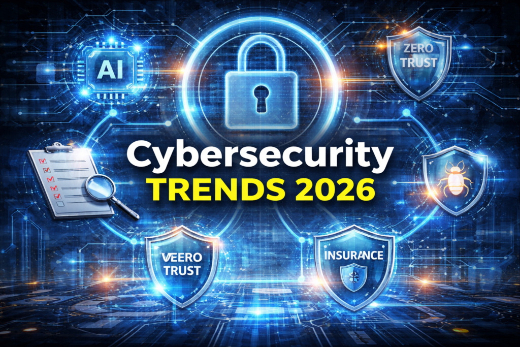 Cybersecurity trends concept with digital lock, AI elements, network connections, and enterprise security shields in a futuristic environment
