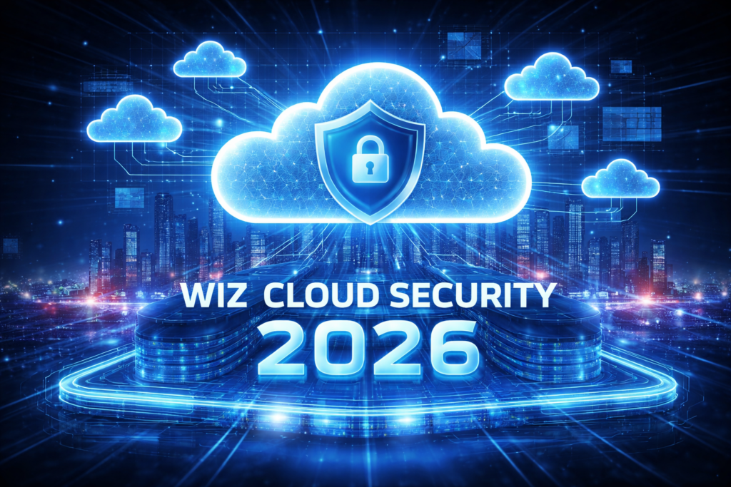 Futuristic cloud security concept with glowing shield and interconnected data networks over a digital cityscape representing Wiz Cloud Security in 2026