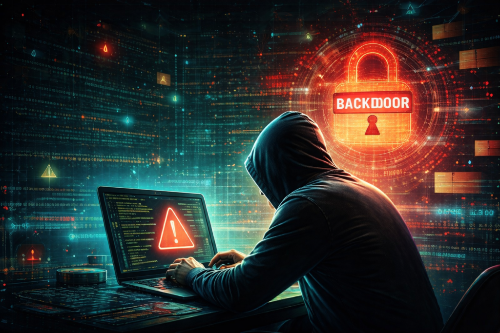 Backdoor attack illustration showing a hooded hacker accessing a system with hidden malicious code