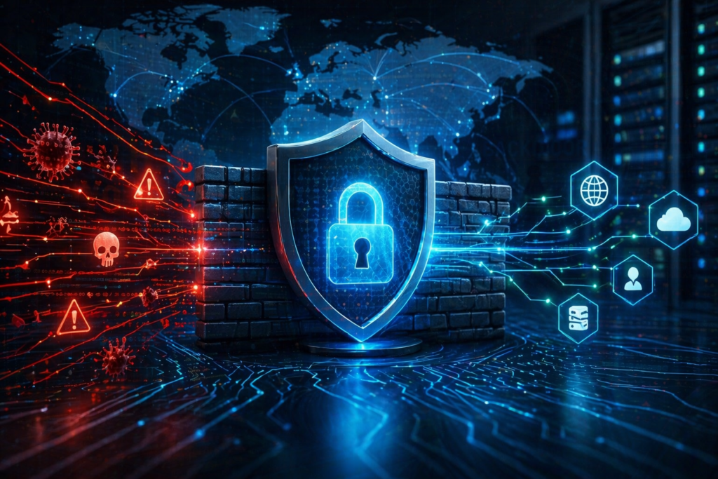 Intrusion Prevention System illustration showing a secure network shield blocking cyber threats and malicious traffic in real time