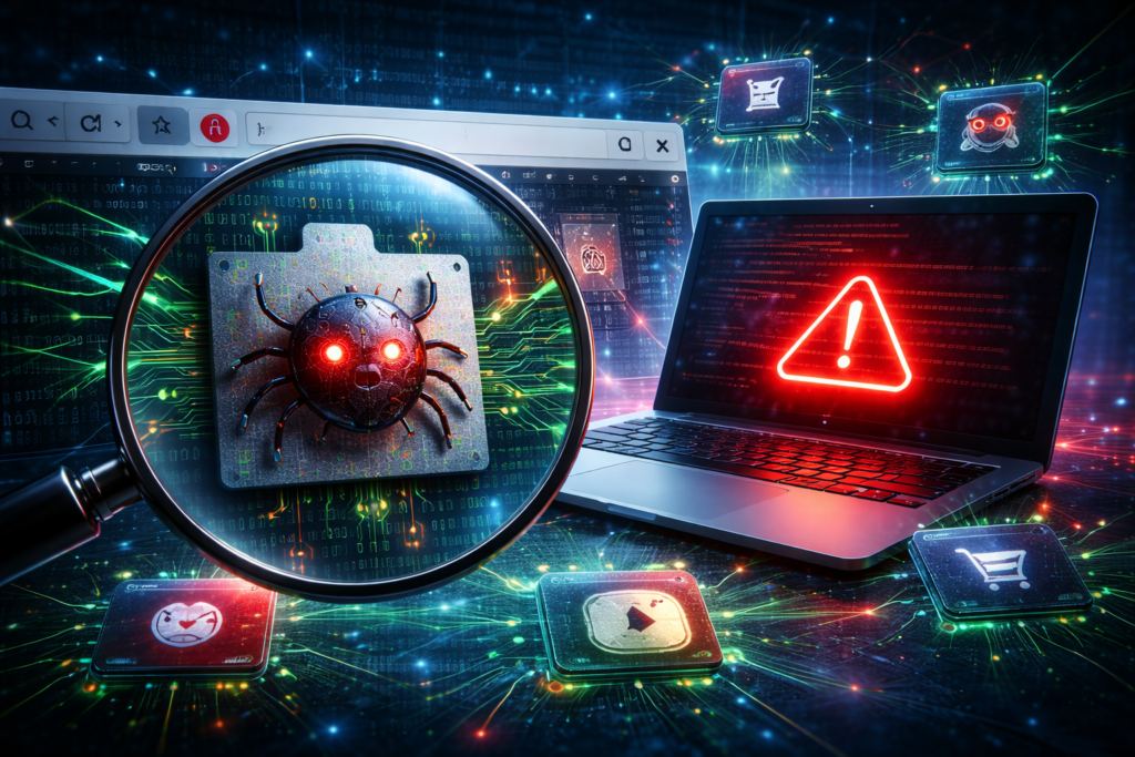 Malicious browser extension injecting code and stealing user data from a laptop browser environment