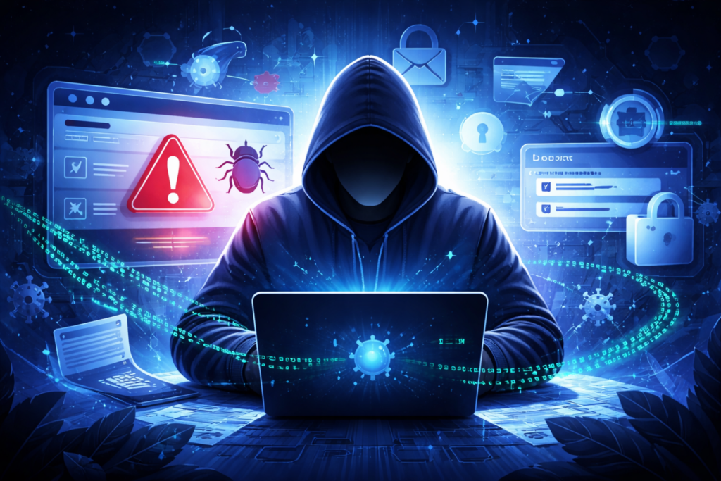 Man-In-The-Browser attack illustration showing hacker intercepting browser data and stealing sensitive information