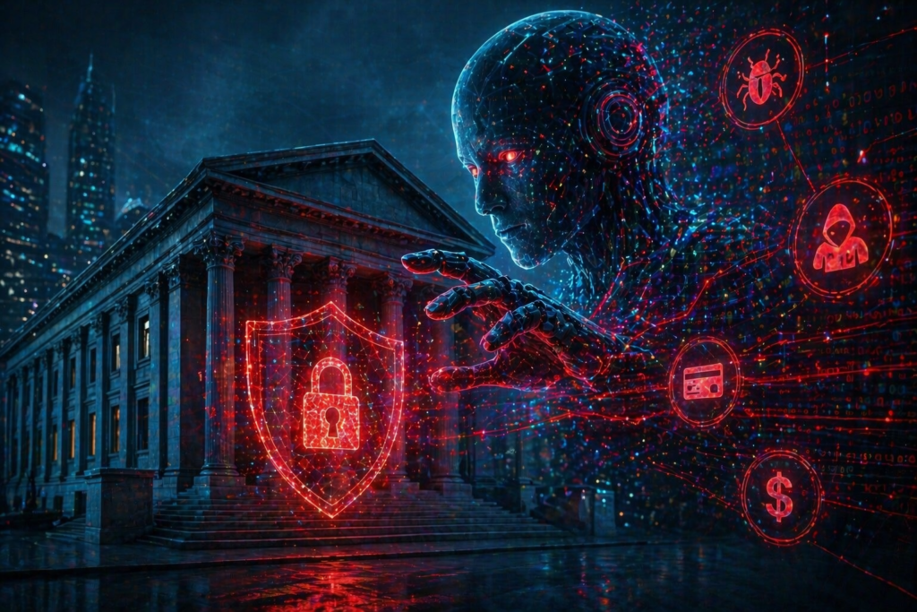 Mythos AI cyberattack concept showing an advanced AI system targeting a bank