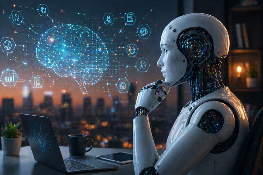 Claude AI concept illustration showing a humanoid robot analyzing data on a laptop with a digital brain interface in a futuristic workspace