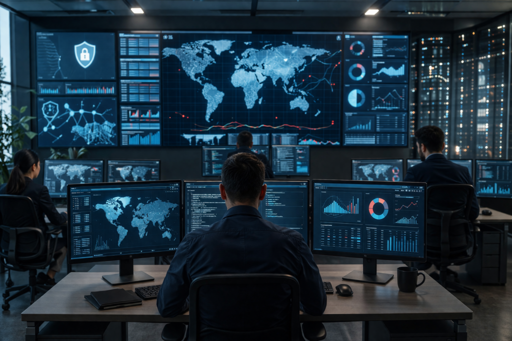 Security operations center with analysts monitoring real-time cyber threats on multiple screens