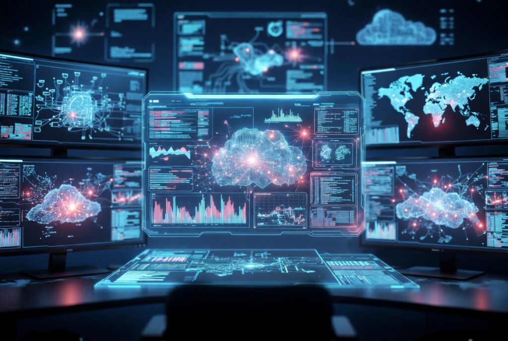 AI incident trackers in a modern cybersecurity operations center with holographic displays and real-time threat monitoring.
