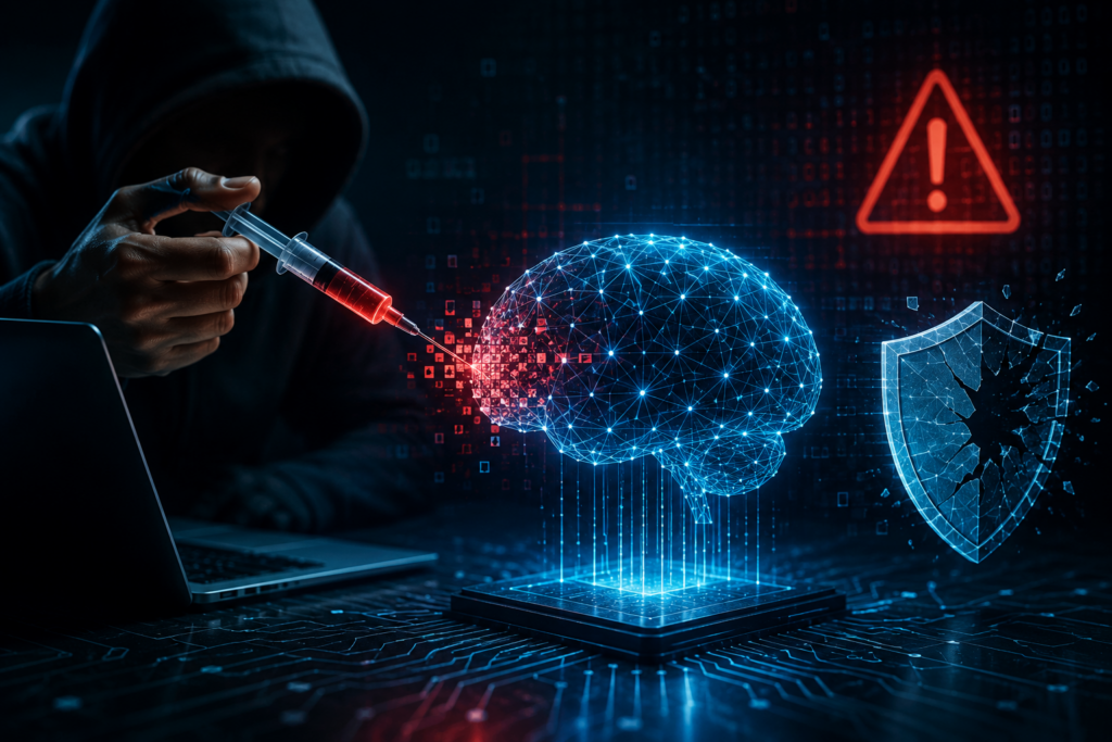 Hacker performing an LLM injection attacks on an AI system with a digital brain