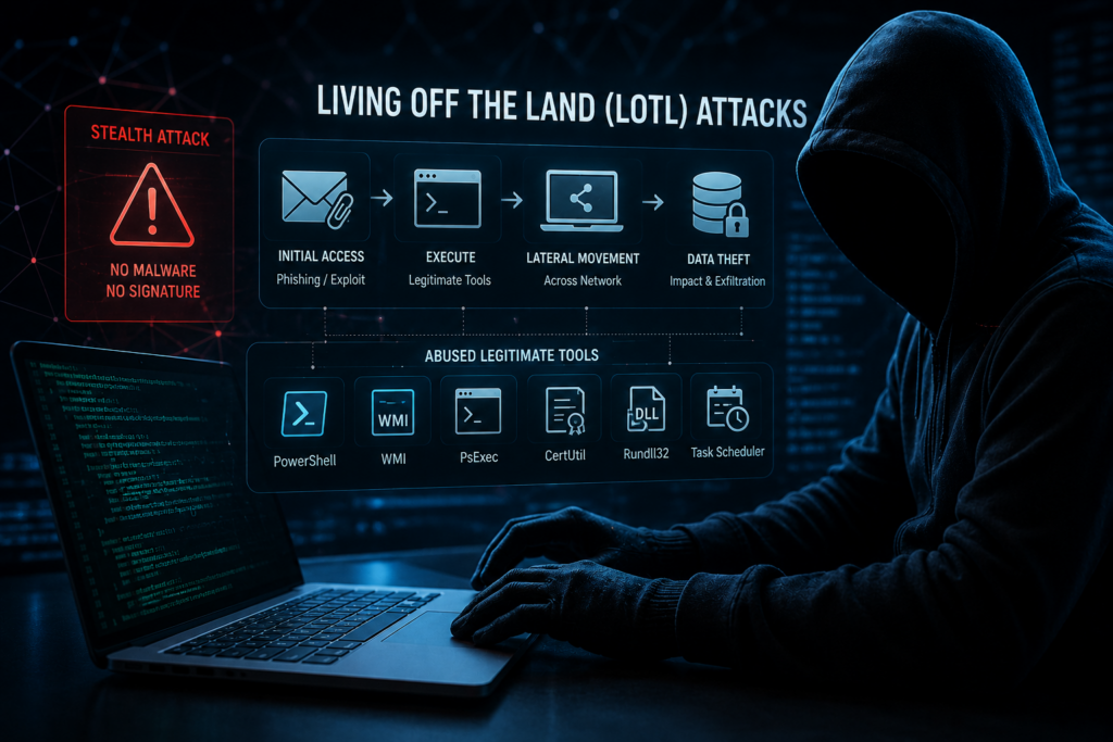 Living Off the Land (LOTL) cyberattack targeting enterprise systems through trusted Windows tools.