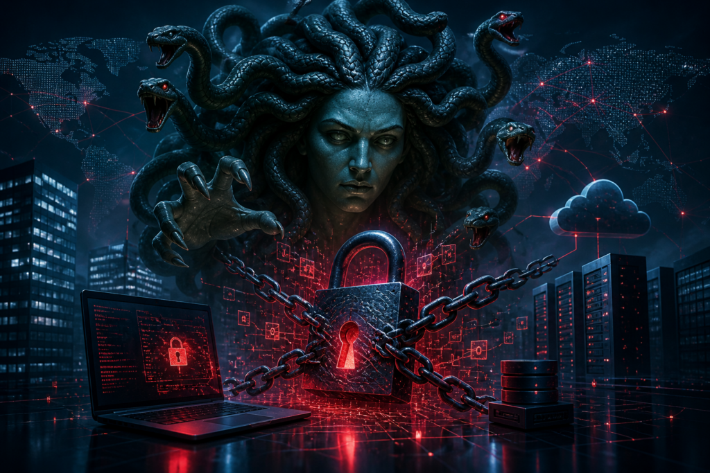 Medusa ransomware concept showing a cyber threat with encrypted enterprise servers, digital lock, and malicious network attack visualization