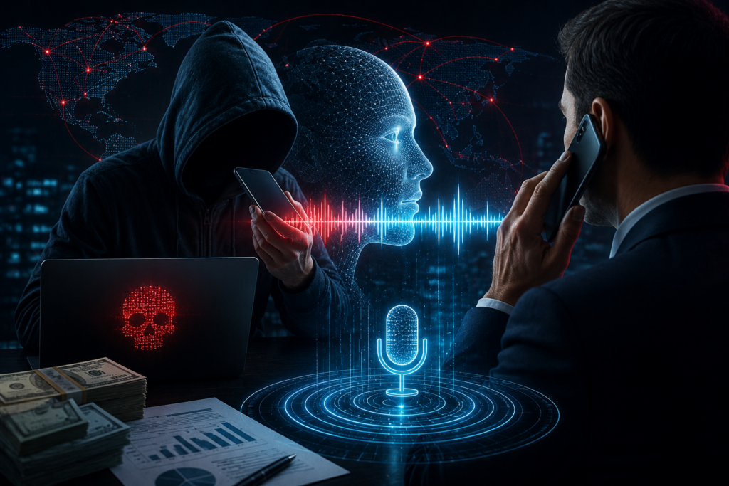 Voice cloning scams concept showing AI-generated voice impersonation