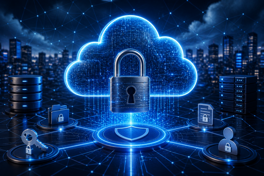 Cloud data security illustration showing encrypted cloud storage