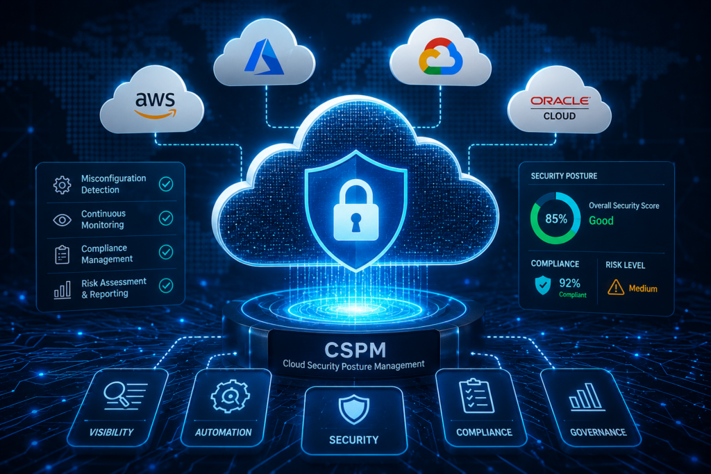 Cloud Security Posture Management concept showing multi-cloud security, cloud compliance, and cybersecurity monitoring.