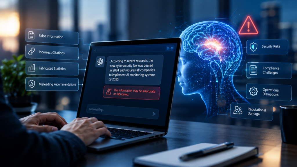 AI Hallucinations and cybersecurity risks on a computer screen.