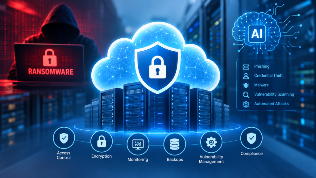 Cloud server security protecting servers from ransomware and AI threats.
