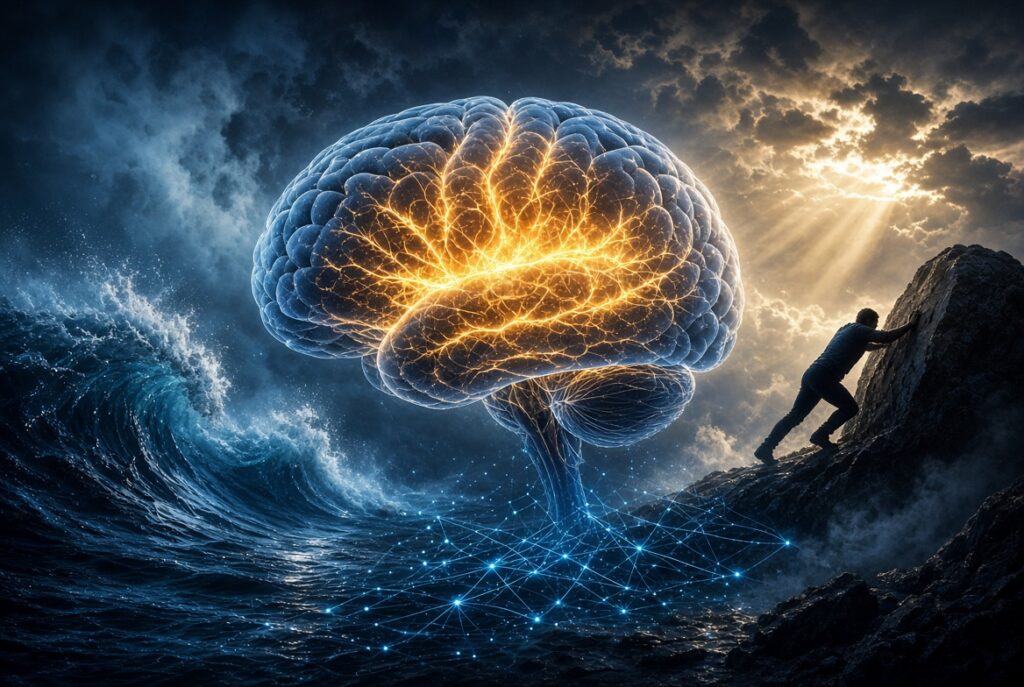 Glowing brain over stormy ocean with a climber scaling a rocky cliff under dramatic skies to show willpower.