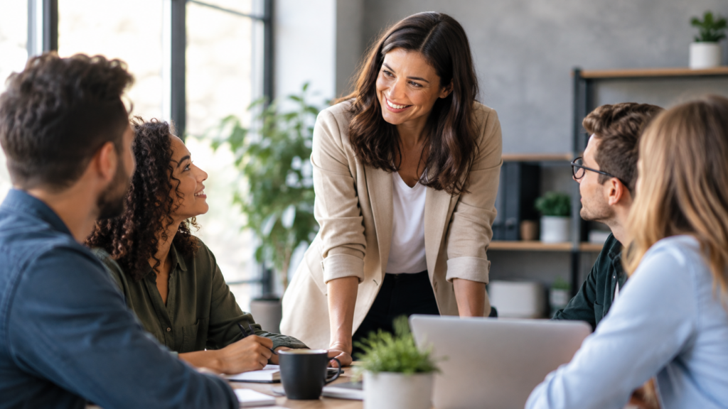 Servant leadership demonstrated through a leader supporting and collaborating with a diverse team in a modern office.