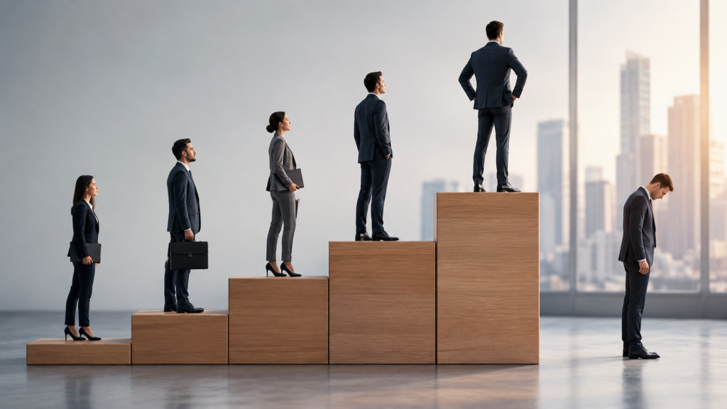 Business professionals standing on ascending steps, illustrating career advancement, workplace promotions, and the Peter Principle.