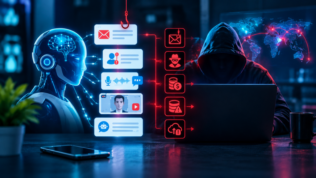 AI-powered scam automation showing a hacker, artificial intelligence, phishing messages, and automated cyber fraud threats.