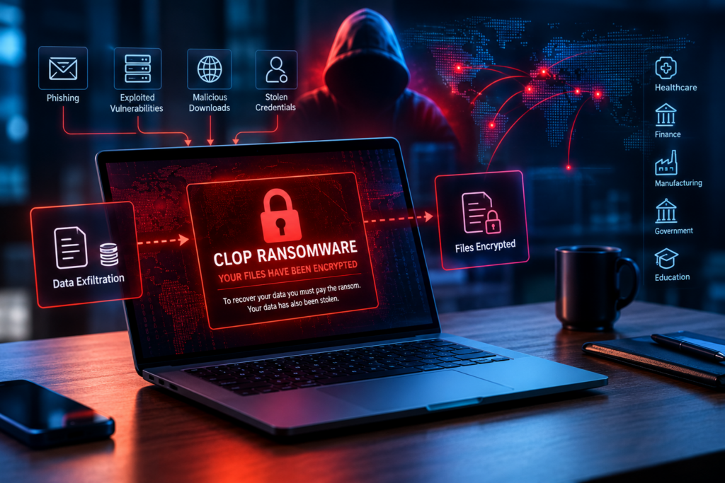 Clop ransomware attack showing encrypted files, data theft, and a cybercriminal targeting business systems.