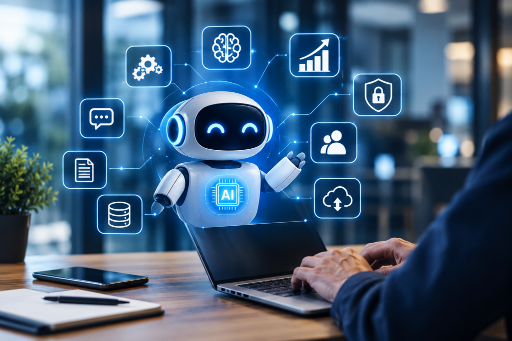 AI agents automating business tasks with intelligent technology and cybersecurity icons.