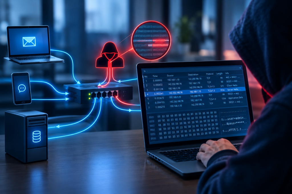 Packet sniffing attacks monitoring network traffic on a laptop
