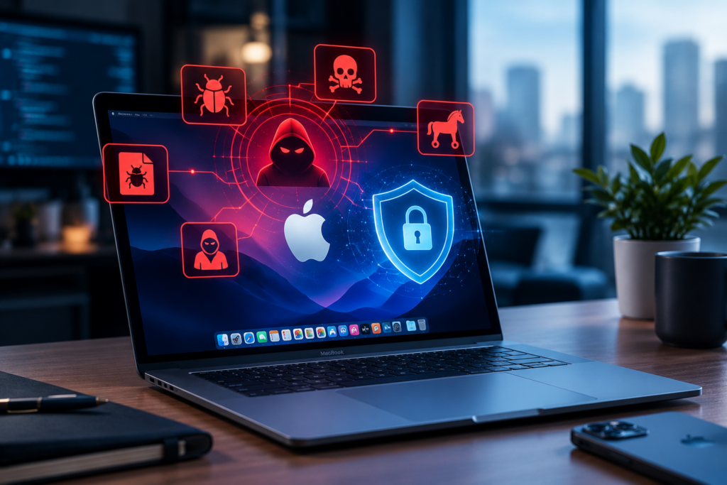 macOS malware threatening Mac security with cyberattack symbols and digital protection shield.